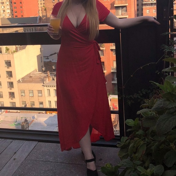 Red Maxi Tulip Skirt Deep V Wrap Dress - Picture 3 of 5